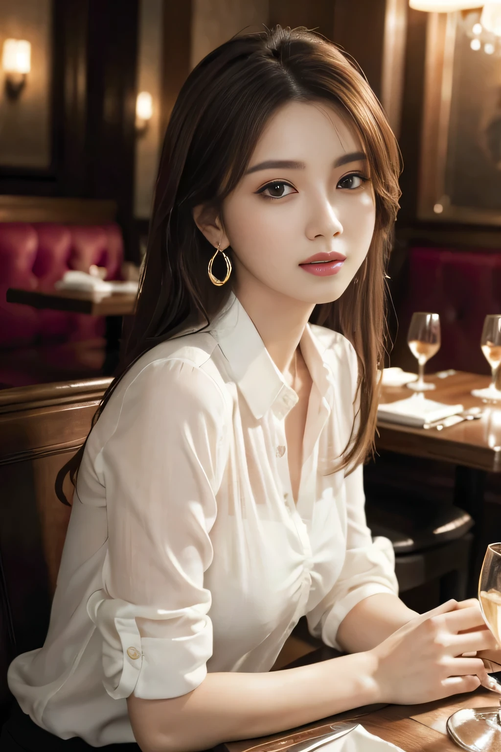 masterpiece, highest quality, Realistic, Very detailed, Finer details, High resolution, 8k wallpaper, One beautiful woman, Wear an elegant see-through shirt, In a great restaurant, At night, Light brown messy hair, Perfect dynamic composition, Beautiful and beautiful eyes、Big earrings、Sitting in a chair、