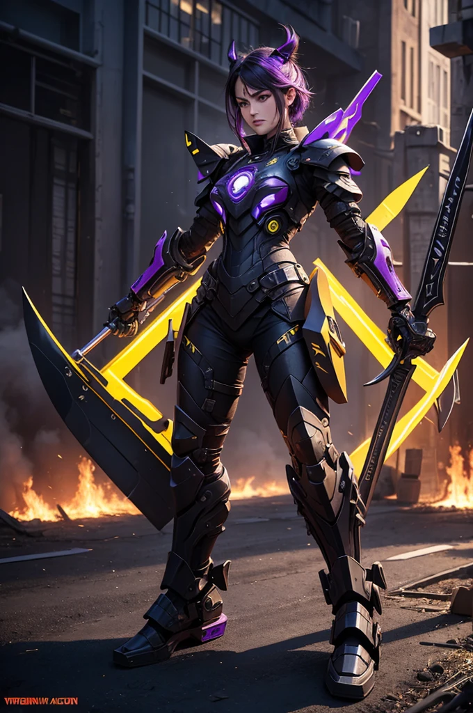 warrior.cybernetic.black plow with yellow Raí.purple swords