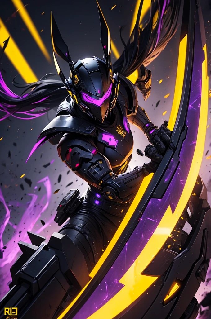 warrior.cybernetic.black plow with yellow Raí.purple swords