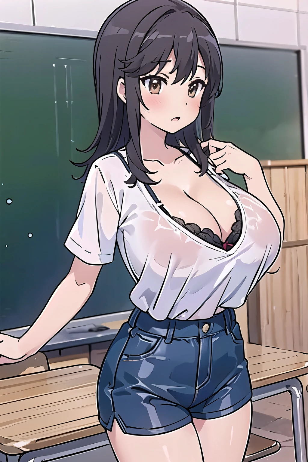 nonhotaru,in summer,t-shirt,shorts,blush,((large breast)),busty,(Hourglass-shaped body shape),(A well-defined figure),Big breasted elementary school student,slender,(Narrow waist:1.2),breast focus,(bra under shirt:1.1)Tuck your shirt into your pants,cleavage