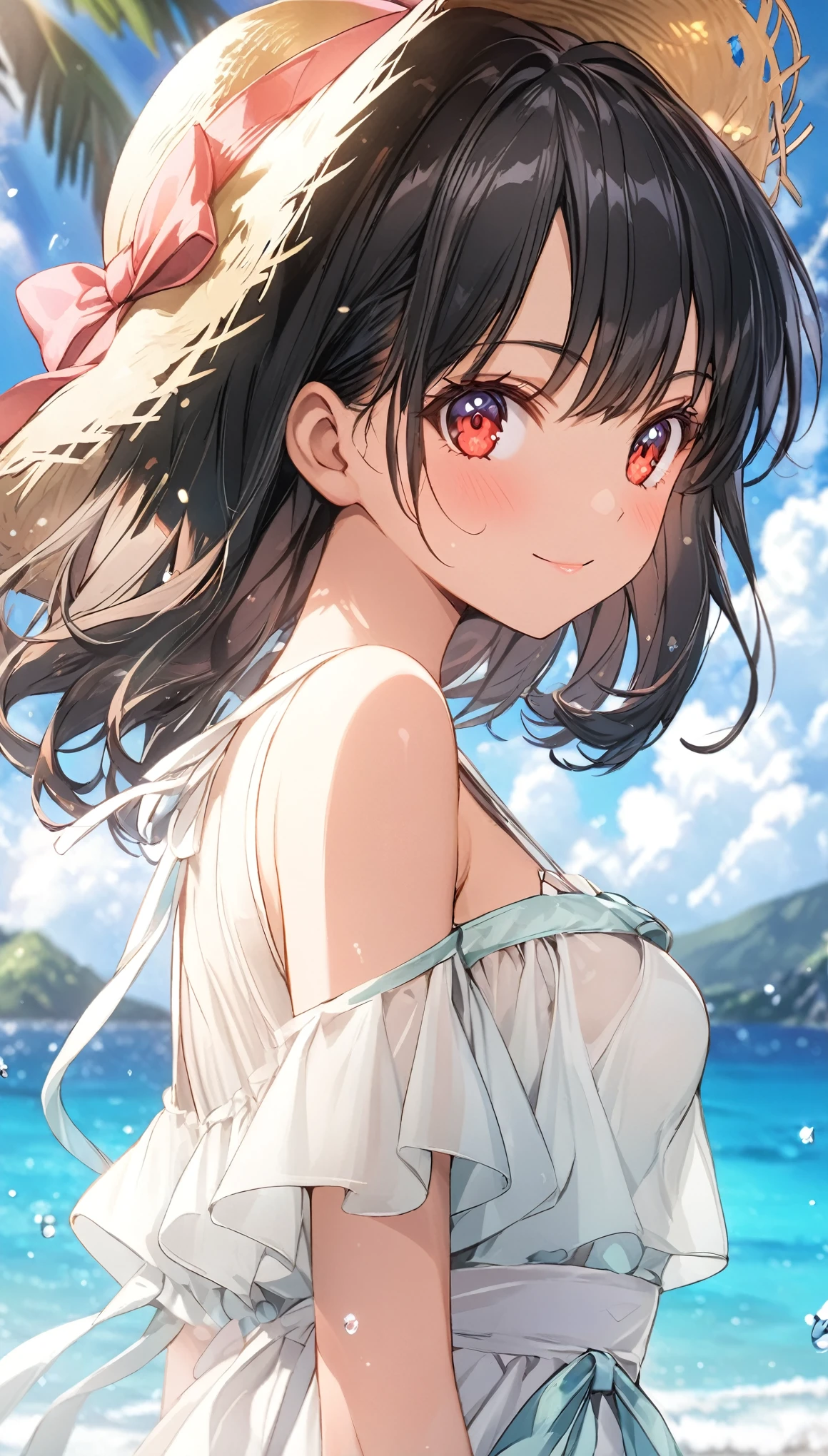 (masterpiece, highest_quality), very be familiar with cg unity 8k wallpaper, wonderful_Are you okay_figure, BREAK 1girl, long black hair wearing a straw hat, small breasts, (glamorous expression), red eyes, anime style 4k, beautiful anime portrait, anime moe art style, anime art wallpaper 4k, High quality anime art style, anime style portrait, be familiar with digital anime art, anime art wallpaper 8k, cute anime girl portrait, Hawaii background, blue sea, palm trees, sunlight, whole body, BREAK depth of field, perfect hands, nice fingers, 5_finger, 4_finger,1_thumb,
