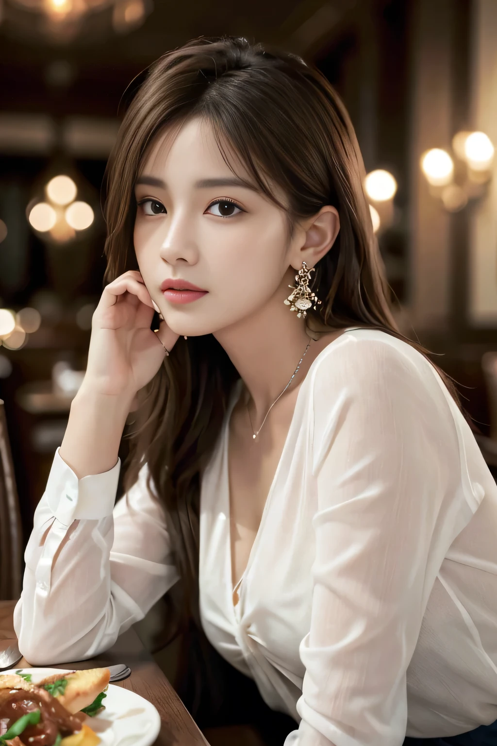masterpiece, highest quality, Realistic, Very detailed, Finer details, High resolution, 8k wallpaper, One beautiful woman, Wear an elegant see-through shirt, In a great restaurant, At night, Light brown messy hair, Perfect dynamic composition, Beautiful and beautiful eyes、Big earrings、Sitting in a chair、