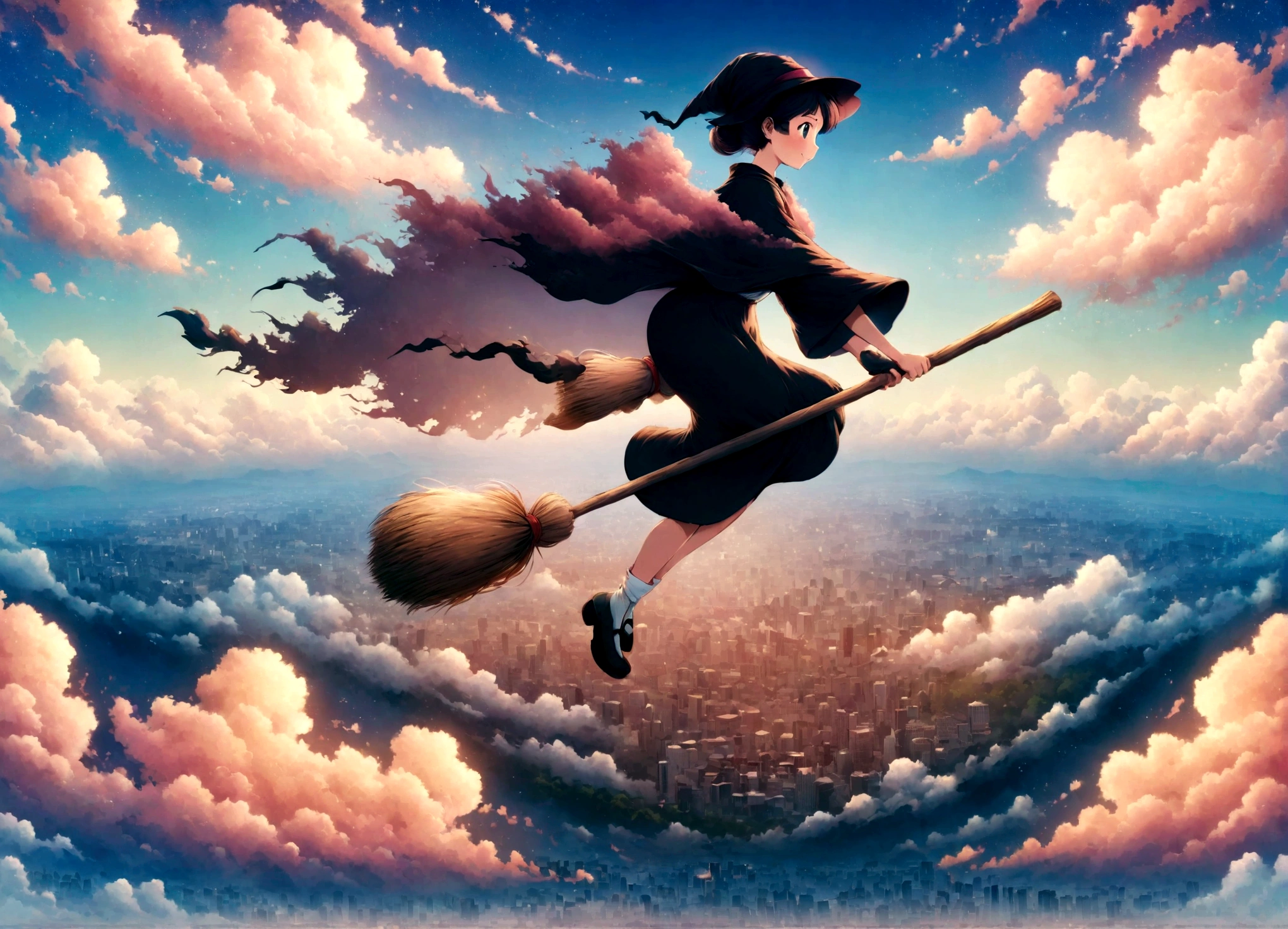 Kiki the Witch's Delivery Service、Flying over the city on a broom。hayao miyazaki style、ID SHOT