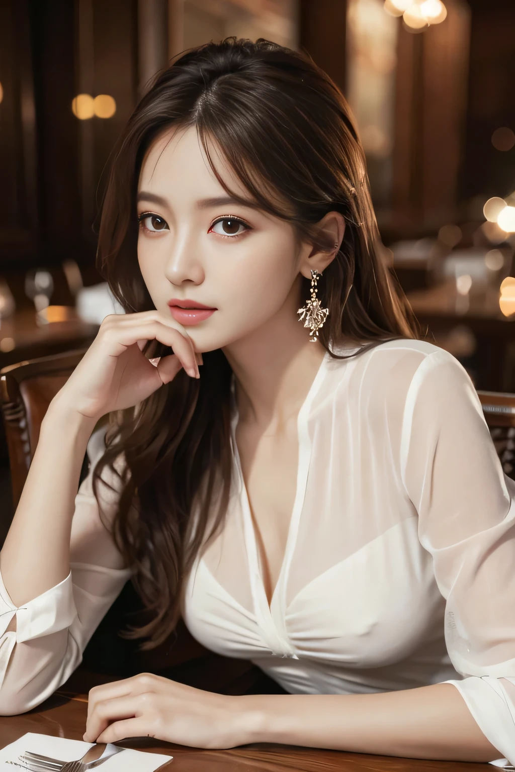 masterpiece, highest quality, Realistic, Very detailed, Finer details, High resolution, 8k wallpaper, One beautiful woman, Wear an elegant see-through shirt, In a great restaurant, At night, Light brown messy hair, Perfect dynamic composition, Beautiful and beautiful eyes、Big earrings、Sitting in a chair、