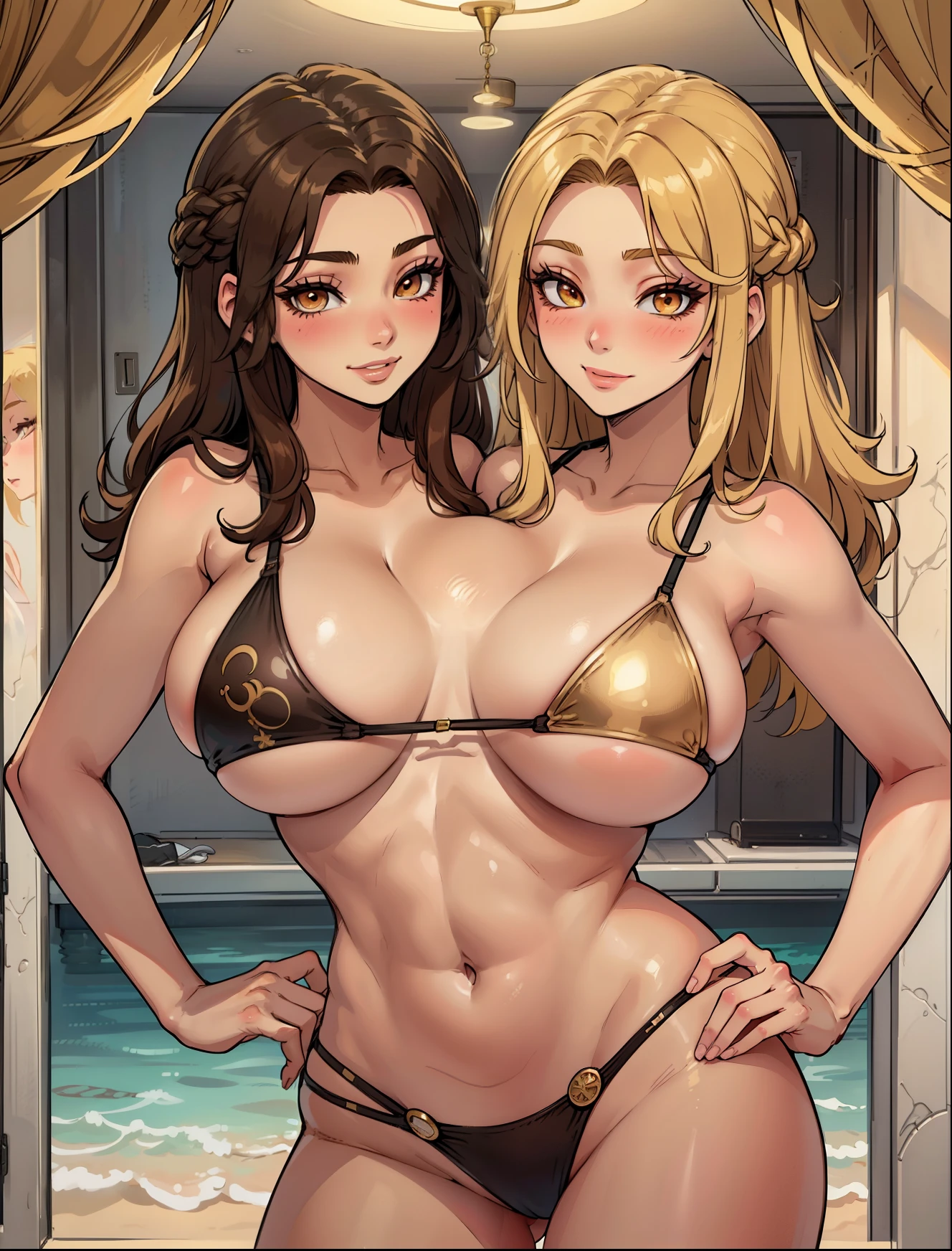 (masterpiece),best quality:1.5, ultra-detailed, high resolution, high quality, 16K, ((2heads:1.5)), ((blonde hair)), ((brown hair)), (different hair colors), (1girl), conjoined twins, girl with two heads cleavage, (underboob bikini), (gold eyes), long hair, sexy woman, gentle smile, seductive woman, sexy silhouette, blushing