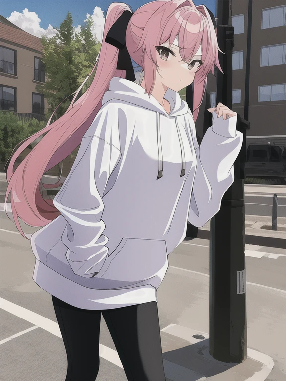 masterpiece, girl, leggings, long shirt, combat boots, hoodie, small breasts, 