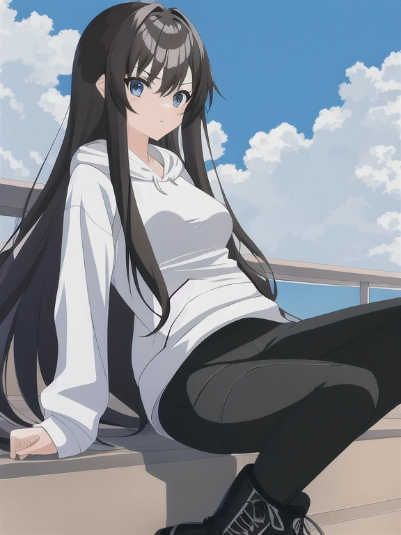 masterpiece, girl, leggings, long shirt, combat boots, hoodie, small breasts,
