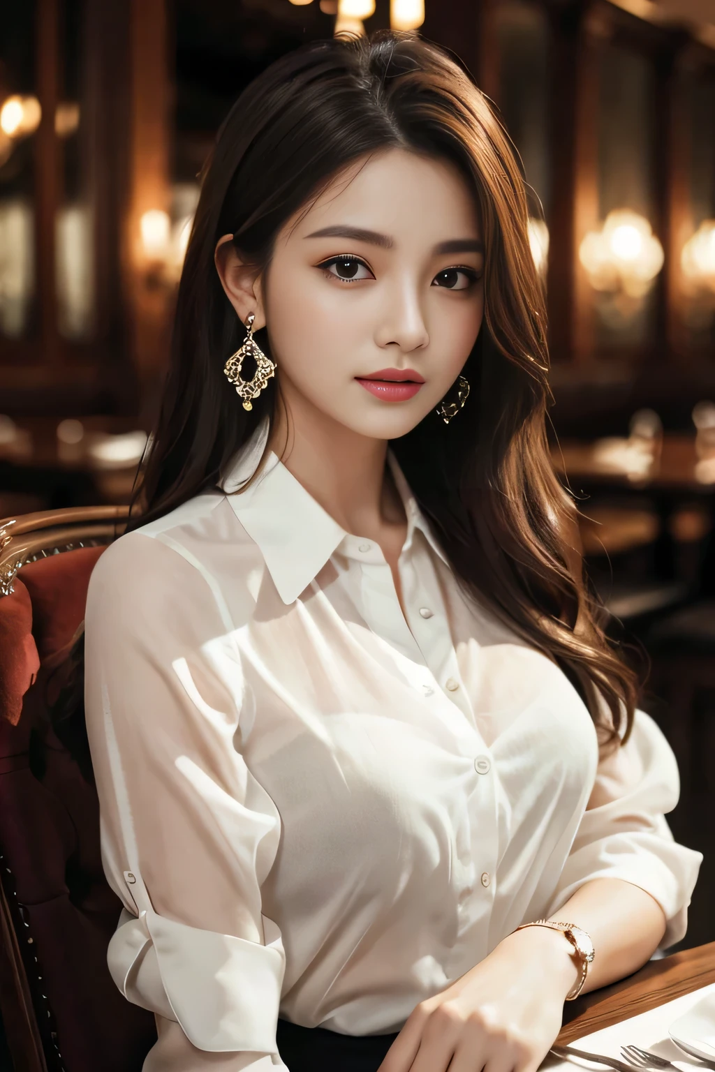 masterpiece, highest quality, Realistic, Very detailed, Finer details, High resolution, 8k wallpaper, One beautiful woman, Wear an elegant see-through shirt, In a great restaurant, At night, Light brown messy hair, Perfect dynamic composition, Beautiful and beautiful eyes、Big earrings、Sitting in a chair、