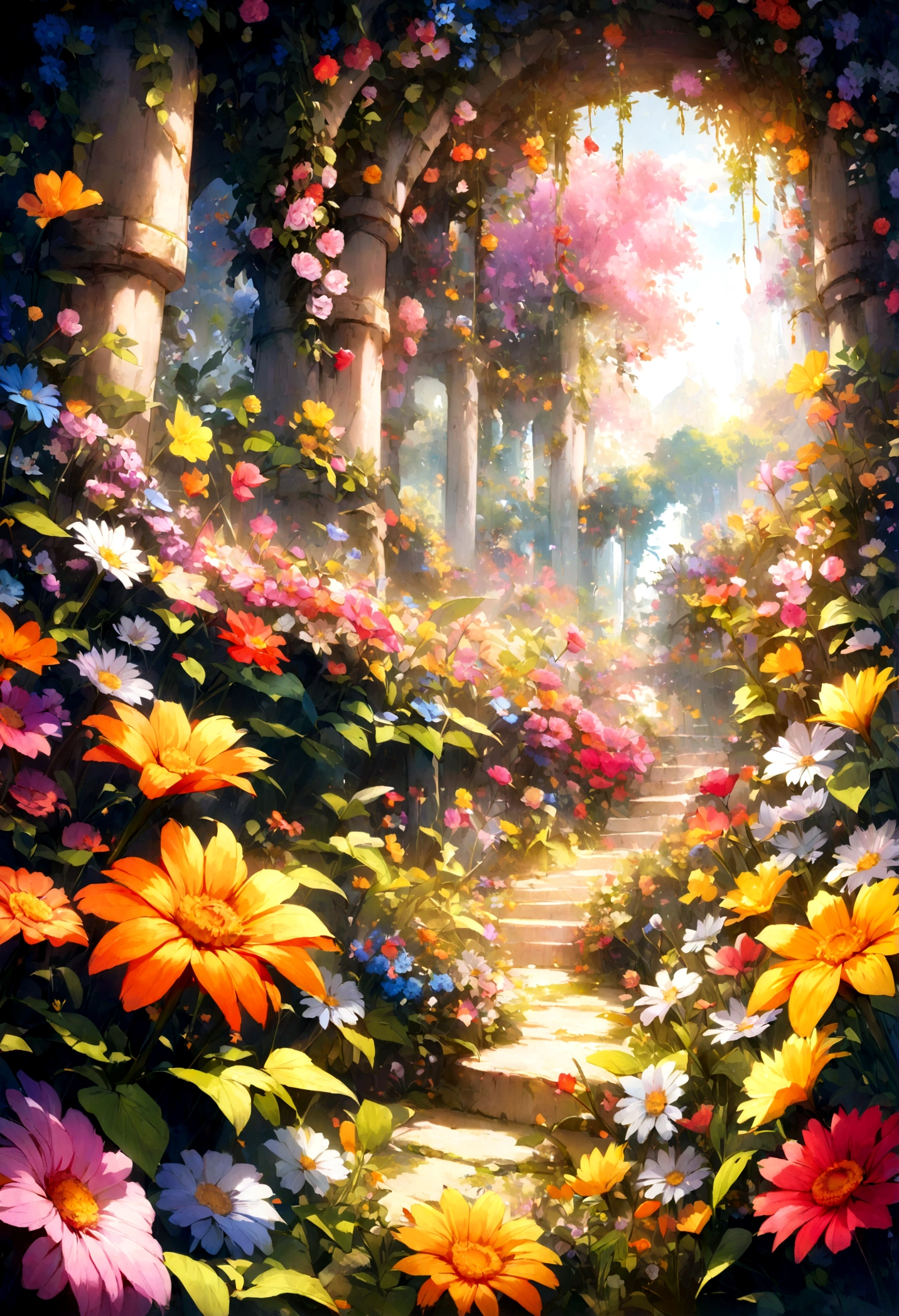A beautiful detail, magical garden, surrounded by vibrant flowers,