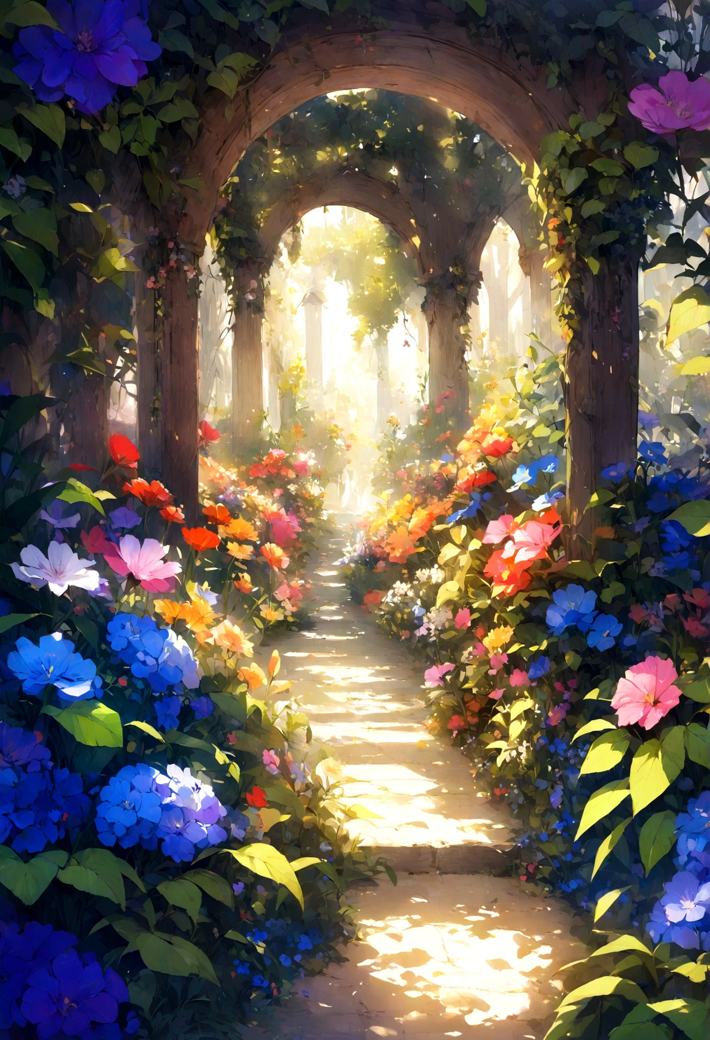 A beautiful detail, magical garden, surrounded by vibrant flowers,
