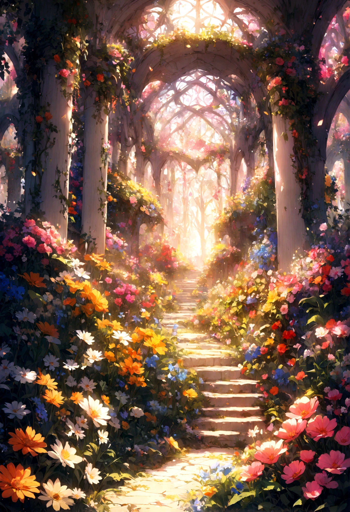 A beautiful detail, magical garden, surrounded by vibrant flowers,