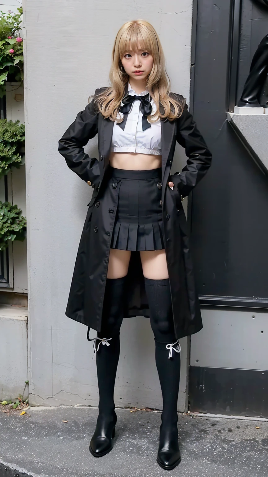 (8k、RAW Photos、highest quality、masterpiece:1.2)、(Realistic、Realistic)、1 girl、((Black Coat、Blonde、Black Mini Skirt、Ribbon on chest、Knee socks、、Big Breasts、boots、whole body、garden、View from the front、Looking into the camera、Standing with hands on hips))、