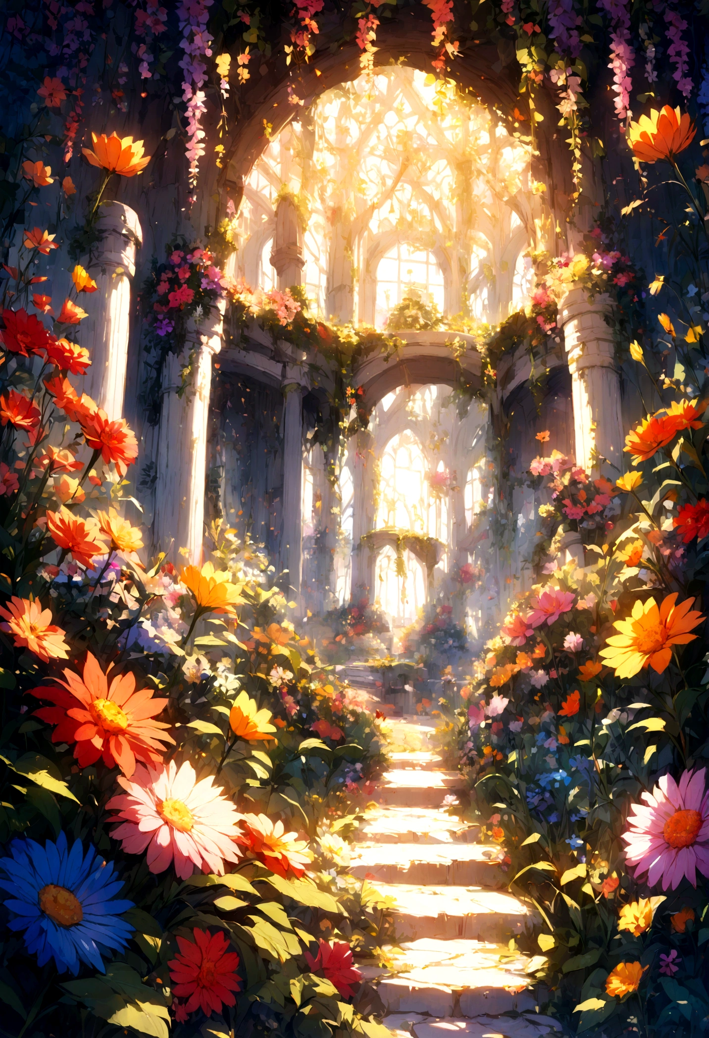 A beautiful detail, magical garden, surrounded by vibrant flowers,