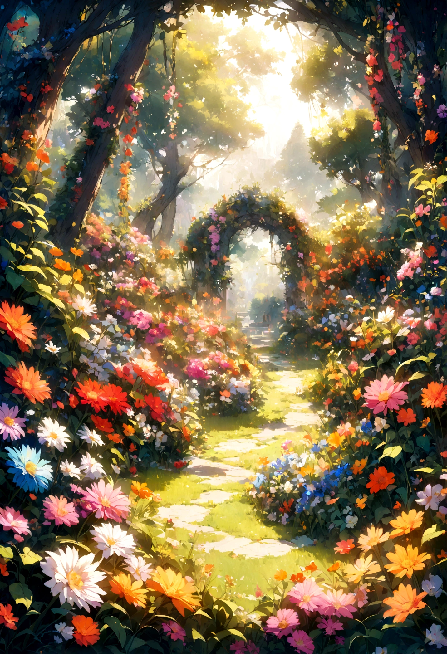 A beautiful detail, magical garden, surrounded by vibrant flowers,