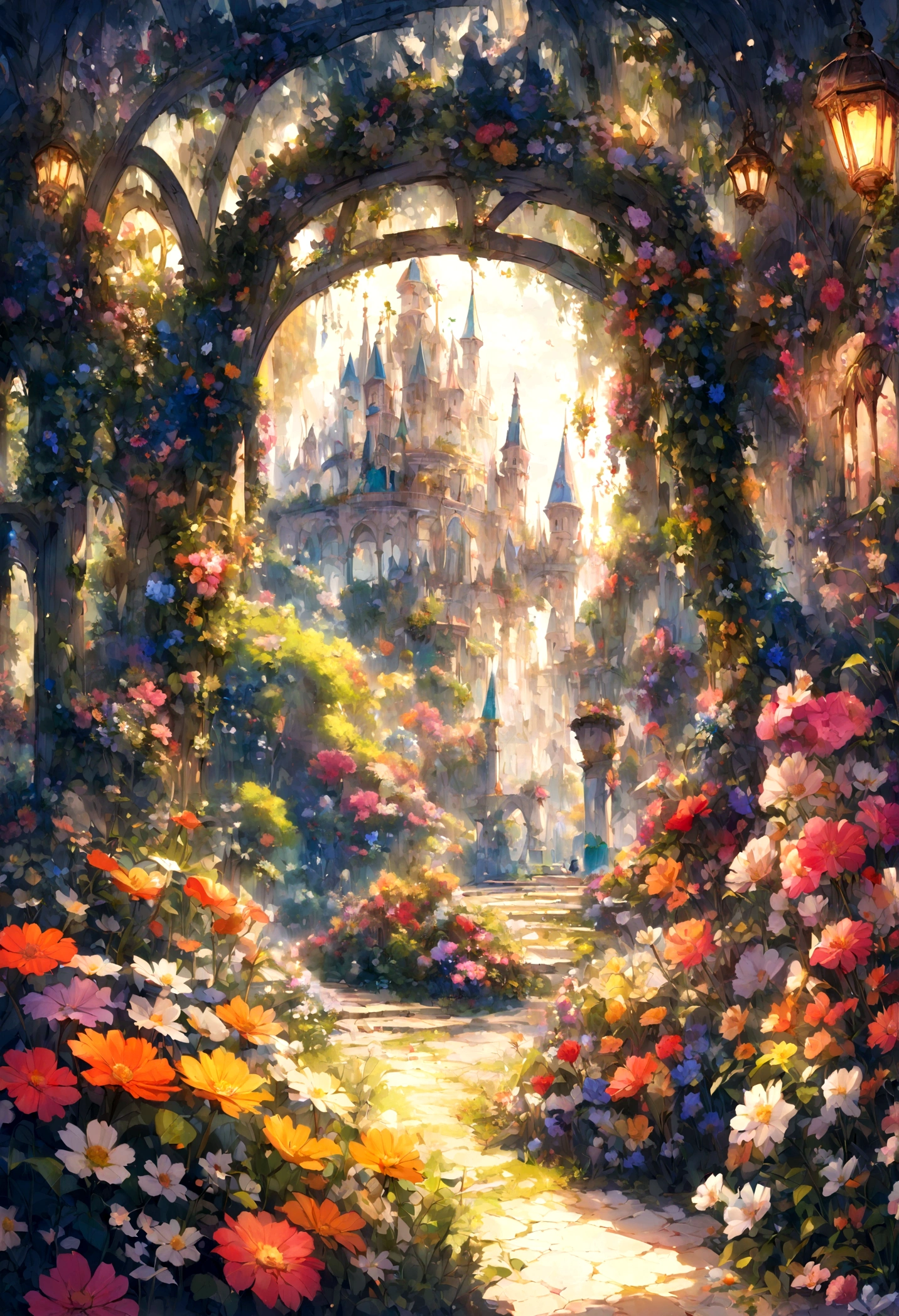 A beautiful detail, magical garden, surrounded by vibrant flowers,
