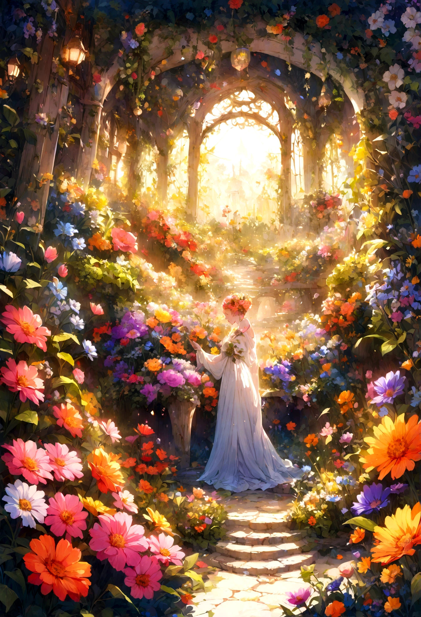 A beautiful detail, magical garden, surrounded by vibrant flowers,