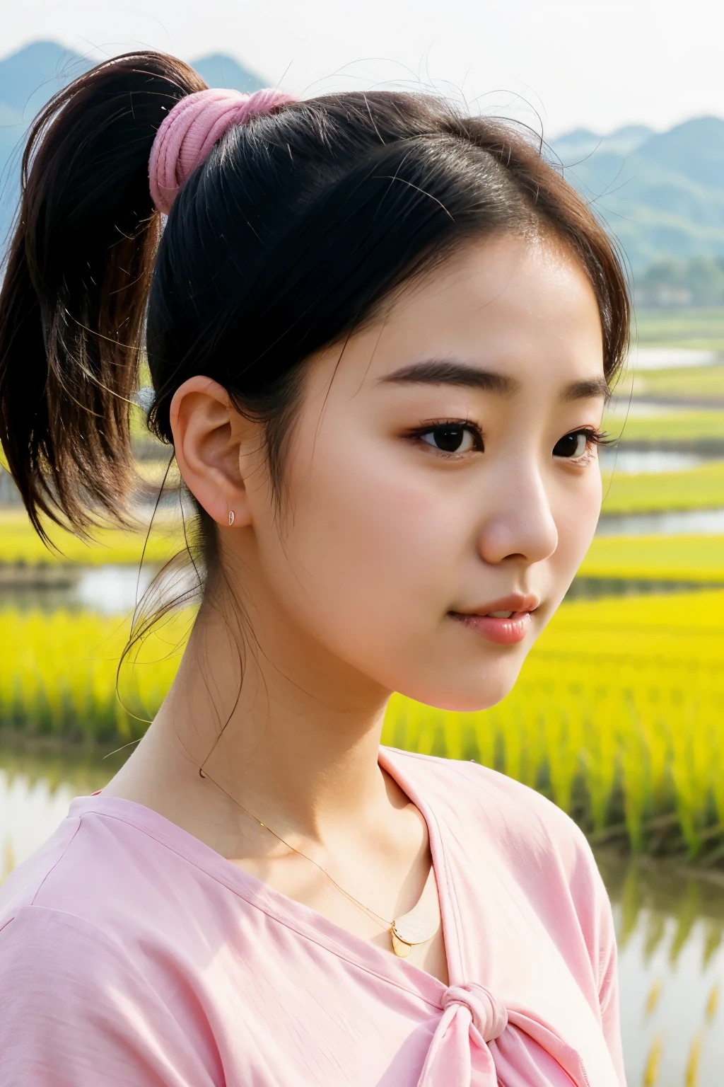 A close-up portrait photo of a gorgeous young Korean girl in a pink top, against the background of a rice field, black hair tied in a ponytail, fluttering in the wind.