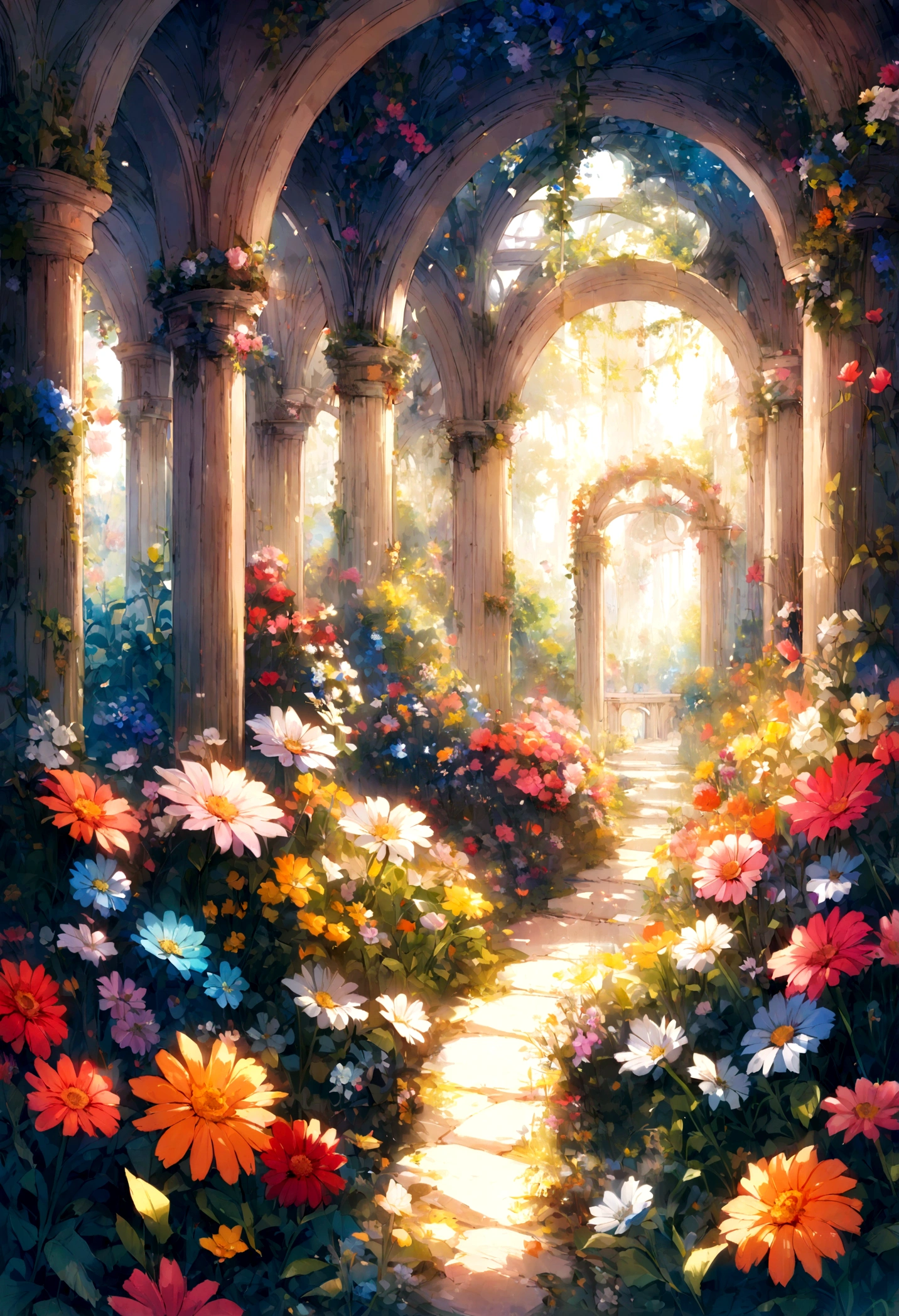 A beautiful detail, magical garden, surrounded by vibrant flowers,