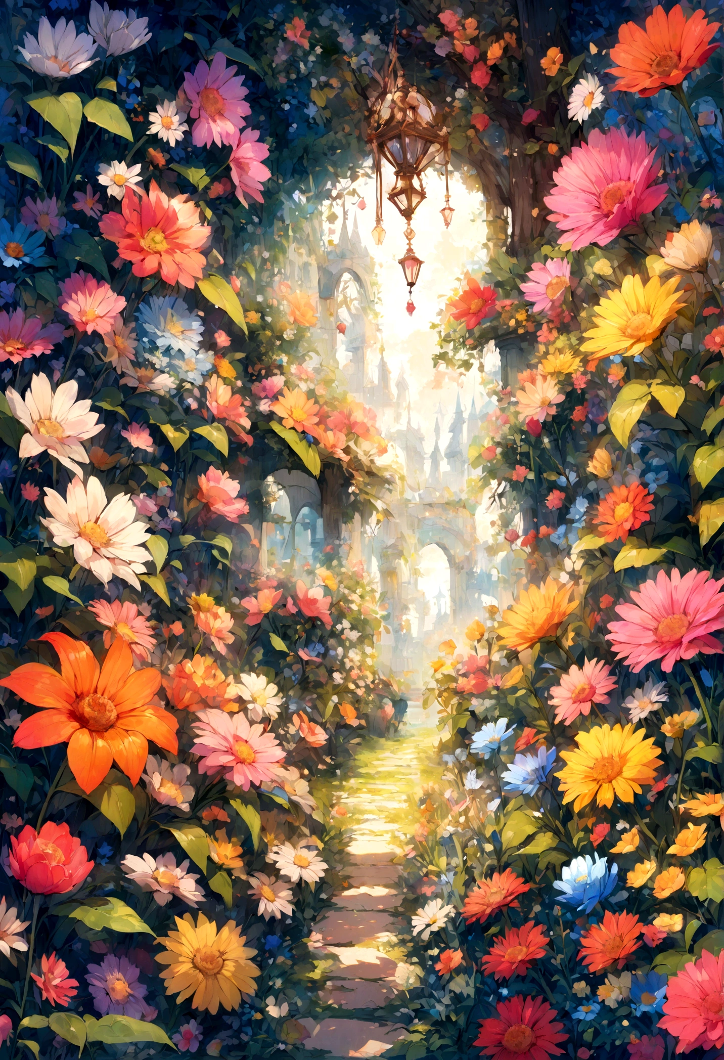 A beautiful detail, magical garden, surrounded by vibrant flowers,