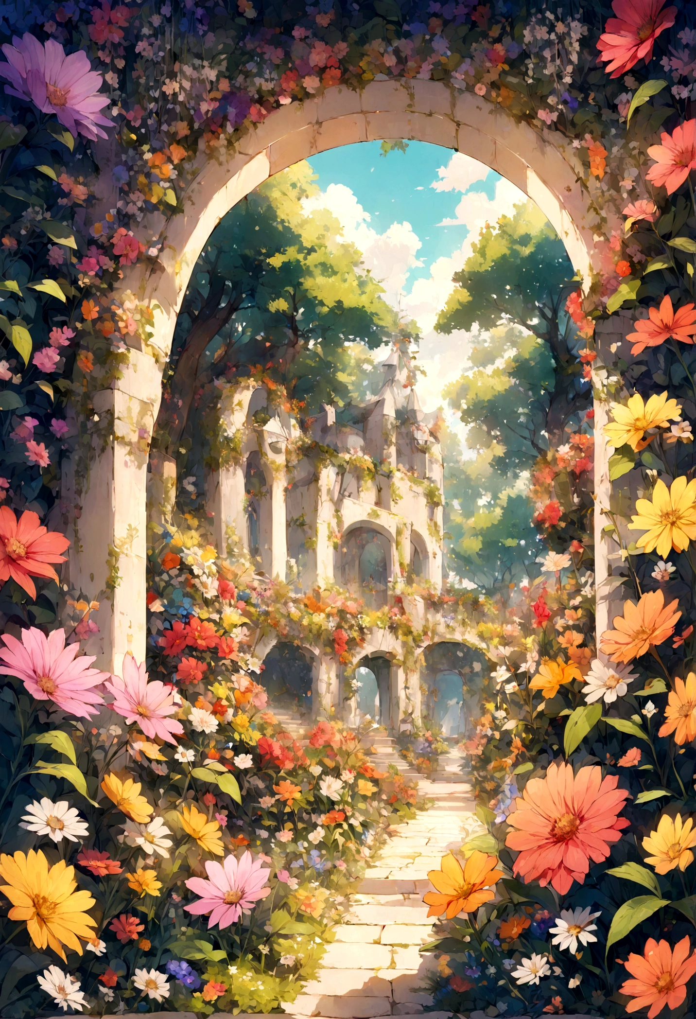 A beautiful detail, magical garden, surrounded by vibrant flowers,