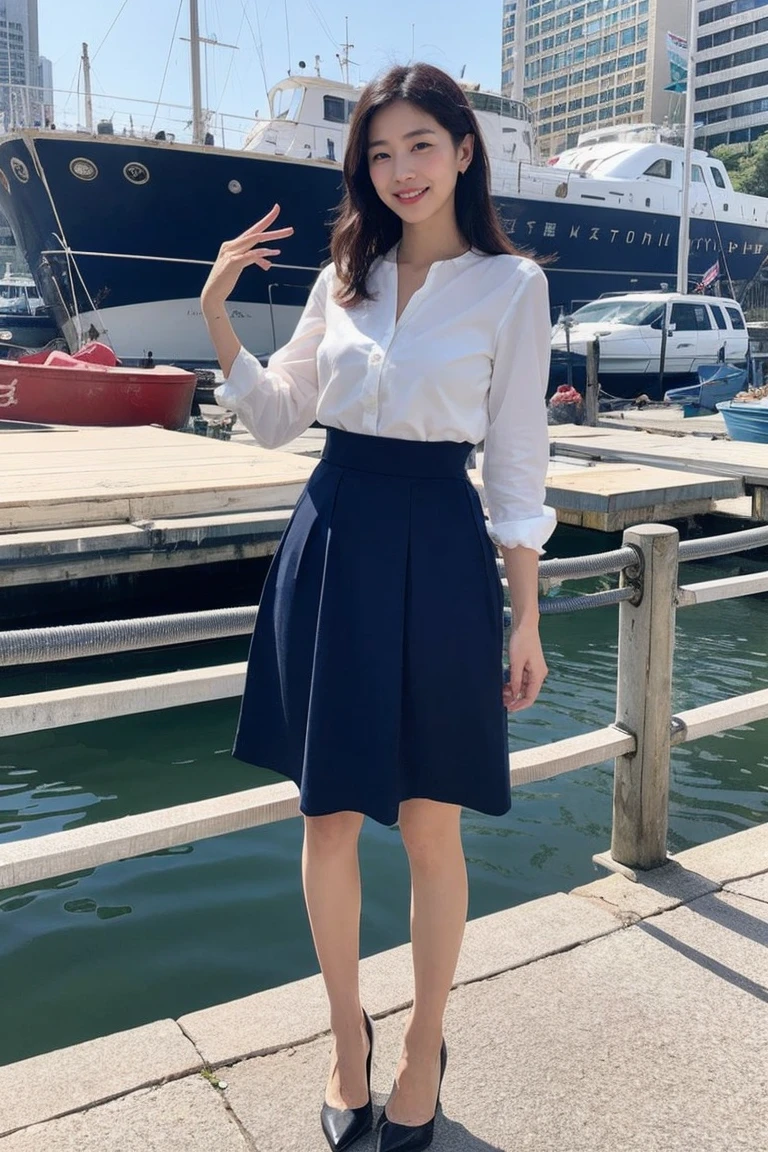 highest quality, Pieces fly, Realistic, High resolution, 8k　RAW Photos,alone, One girl, 30 years old、Standing in the harbor、smile、holding a fish in each hand、Business Blouse、Business Skirt、High heels