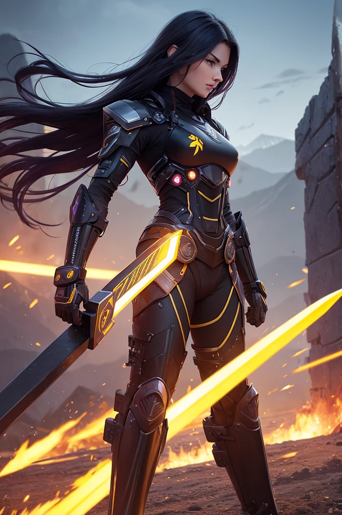 warrior.cybernetic.black plow with yellow Raí.purple swords