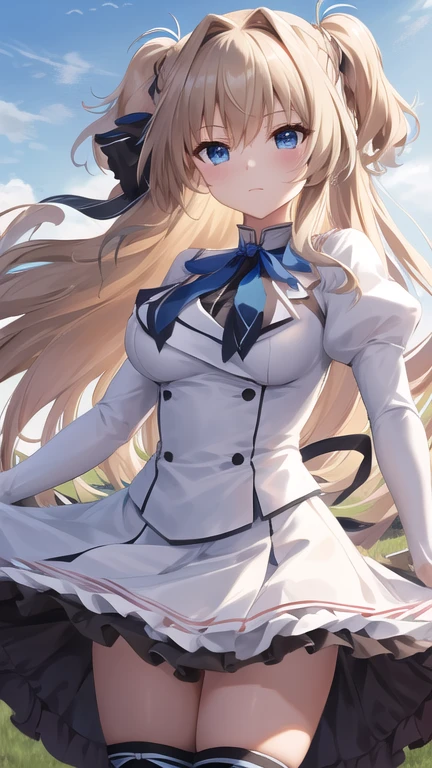 masterpiece, best quality, highres, 1girl, solo, long hair, blonde hair, two side up, (hair ribbon:1.1), blue eyes, neck ribbon, , white jacket, juliet sleeves, long sleeves, white skirt, thigh ribbon, black thighhighs, outdoors, cowboy shot, standing,