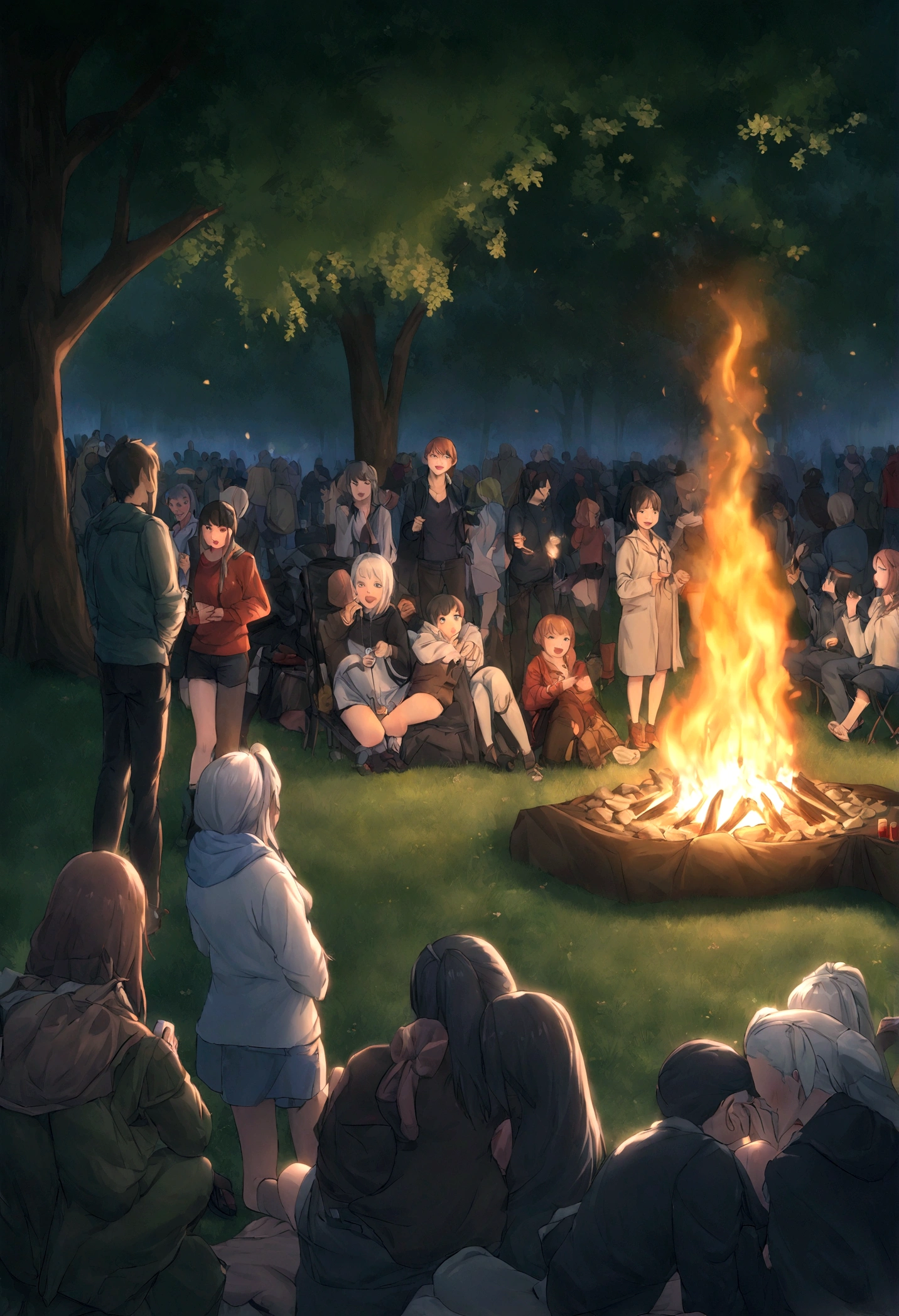 Ultra-HD, Meisterwerk, price winning quality, high resolution, 8K, Hohe Detailliertheit, Camping im Freien, Wohnmobil, Campingplatz, Zelt, Crowd having fun at the campfire, See, Trees, Nacht, Sternenklarer Himmel, Atemberaubender Ausblick