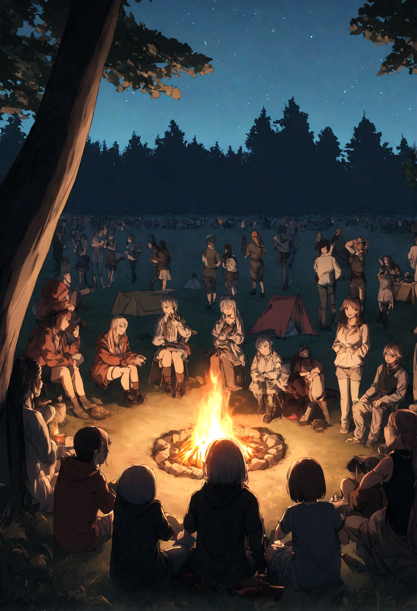 Ultra-HD, Meisterwerk, price winning quality, high resolution, 8K, Hohe Detailliertheit, Camping im Freien, Wohnmobil, Campingplatz, Zelt, Crowd having fun at the campfire, See, Trees, Nacht, Sternenklarer Himmel, Atemberaubender Ausblick