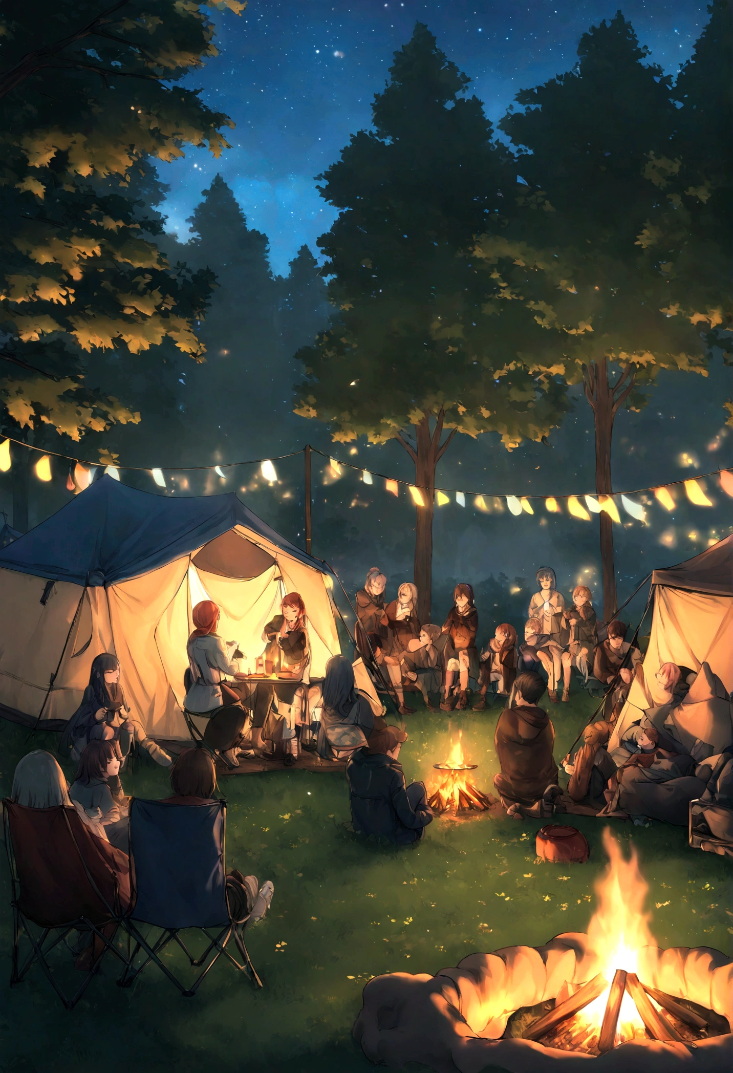 Ultra-HD, Meisterwerk, price winning quality, high resolution, 8K, Hohe Detailliertheit, Camping im Freien, Wohnmobil, Campingplatz, Zelt, Crowd having fun at the campfire, See, Trees, Nacht, Sternenklarer Himmel, Atemberaubender Ausblick