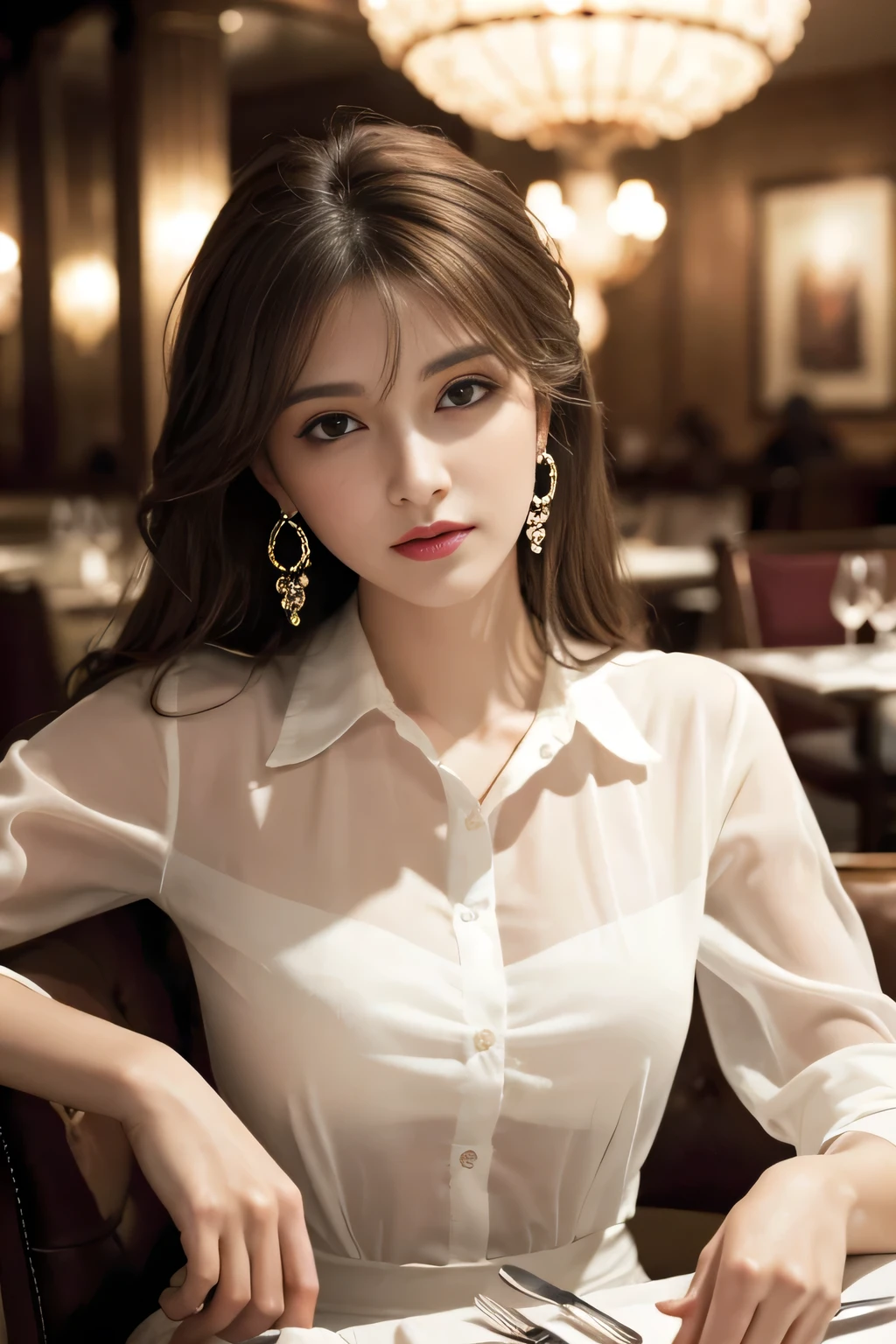 masterpiece, highest quality, Realistic, Very detailed, Finer details, High resolution, 8k wallpaper, One beautiful woman, Wear an elegant see-through shirt, In a great restaurant, At night, Light brown messy hair, Perfect dynamic composition, Beautiful and beautiful eyes、Big earrings、Sitting in a chair、