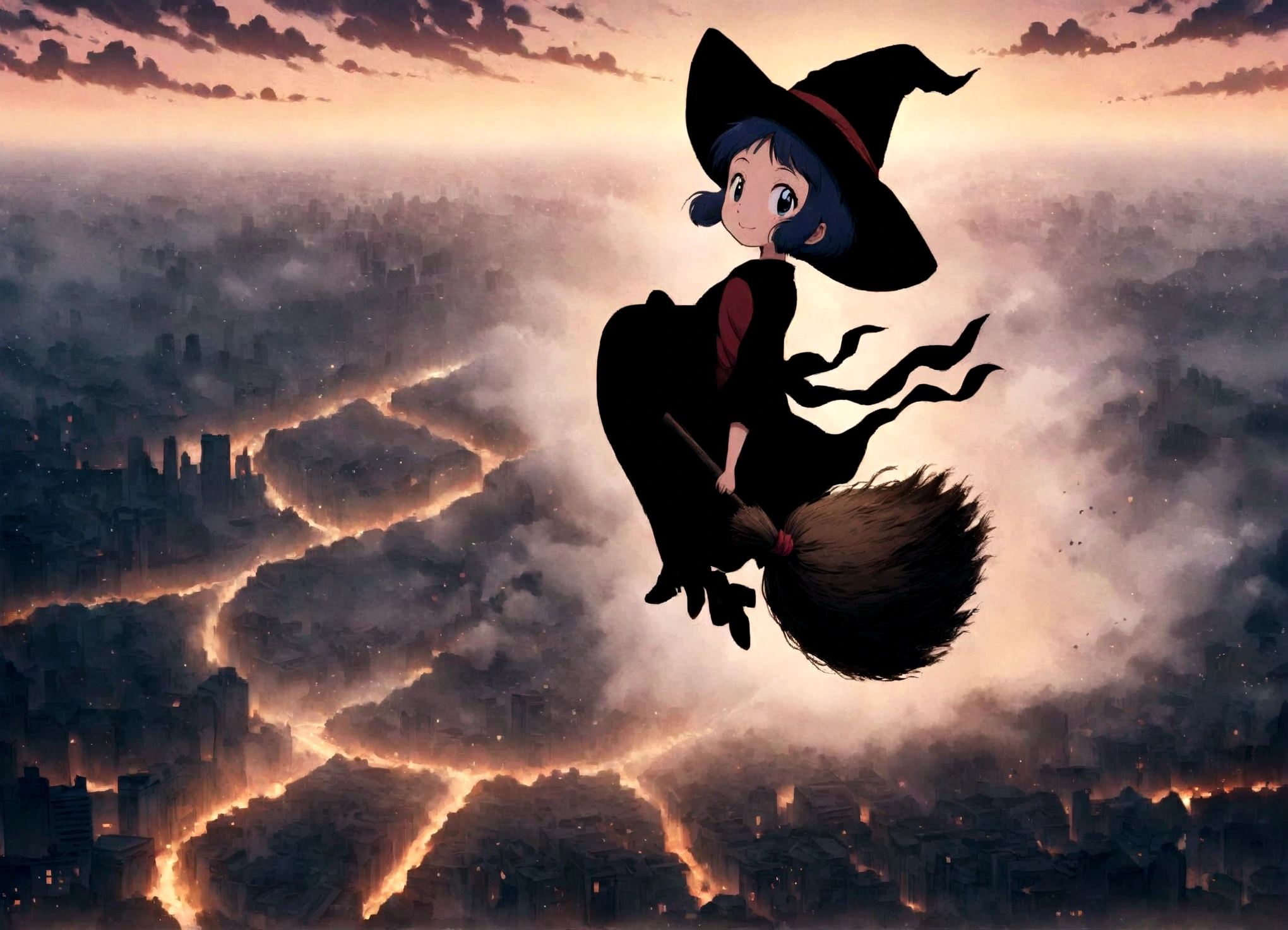 Kiki the Witch's Delivery Service、Flying over the city on a broom。hayao miyazaki style、ID SHOT