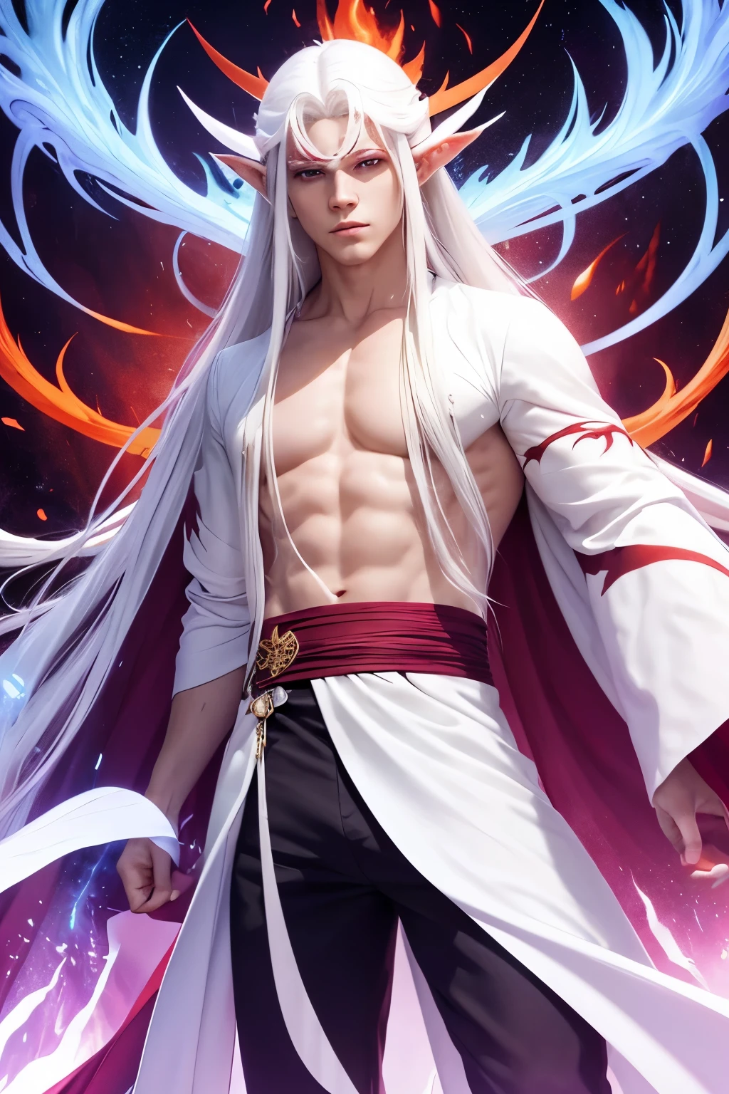 Young man White long hair The large fins look like a white kimono Elf Ears Looks like a boss of an organization Eyes are plum red Molten rocks are attached Wrapped in purple flames Red veins bulging from head to toe