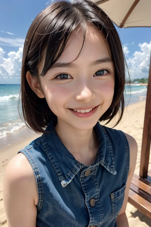 8k、, (highest quality),(RAW Photos), Full body photography、 (Beautiful 9  Japanese girl), Cute Face, (Deeply chiseled face:0.7), (freckles:0.4), dappled sunlight, Dramatic lighting, (Denim Sexy Fashion), (At the Beach), shy,, (smile),, (Sparkling eyes)、(sunlight)