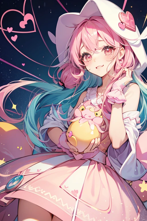 LoveZukintchi is pink with a yellow, heart-shaped mouth and pink body. She has large eyes with three eyelashes on each, and her head is covered by a big blue hood decorated with small white hearts. SPARKLE; GLITTER