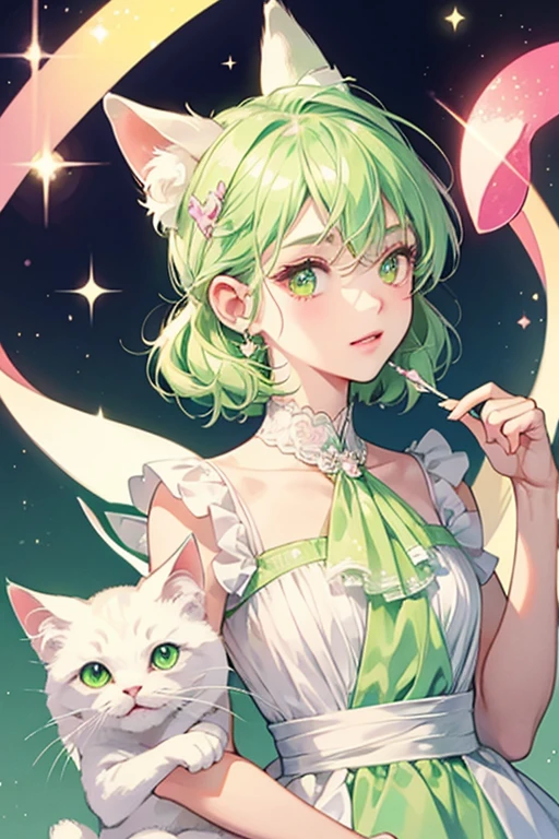 Lucatchi is a white cat with a light green marking over their ear. They wear a green handkerchief around their neck and a pink music note accessory on their ear. SPARKLE; GLITTER