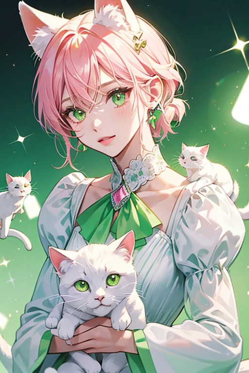 Lucatchi is a white cat with a light green marking over their ear. They wear a green handkerchief around their neck and a pink music note accessory on their ear. SPARKLE; GLITTER