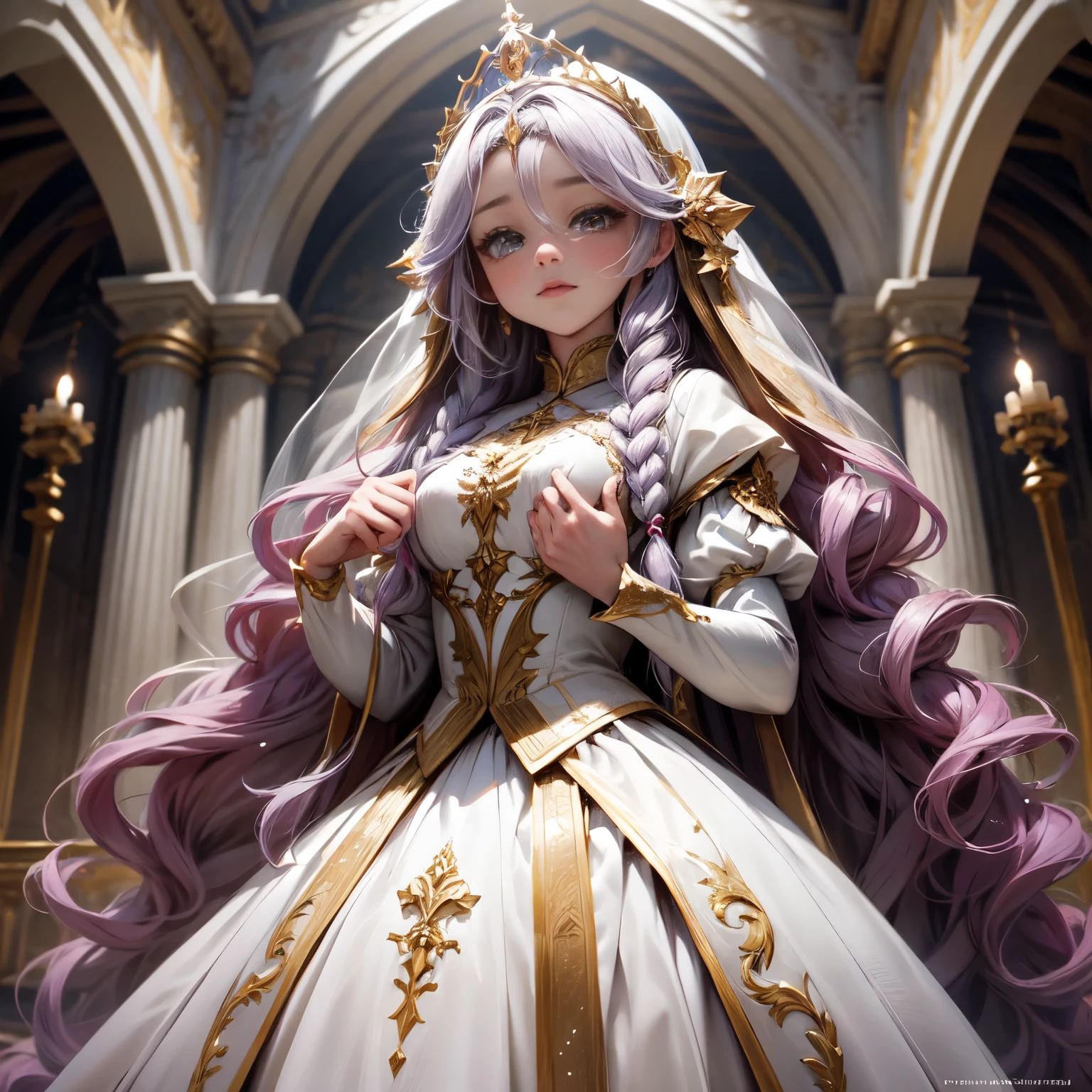 Crie uma imagem digital ultra HD de 8K de uma majestosa princesa elfa de cabelos loiros, long and braided, vestida com trajes de realeza, in the castle's throne room. A princesa tem olhos azuis brilhantes e pele clara. She is dressed in a royal robe of deep blue velvet with gold and silver trim., Adorned with magical jewels that glow softly. Ela usa uma coroa de ouro com pedras preciosas, gold bracelets on her wrists and a magical amulet around her neck. In the throne hall, a princesa empunha a Espada de Zeus. The sword is made of celestial gold and emits golden rays, with divine inscriptions along the blade that shine brightly. The hilt of the sword is adorned with small rays and lightning., simbolizando seu poder supremo. Ela segura a espada em uma pose de comando, highlighting his dominance over the heavens. Ao seu redor, Electric sparks dance in the air, e uma aura de poder divino emana da espada. The throne hall is grand, com um trono majestoso adornado com ouro e pedras preciosas. Red carpets run through the hall, and great tapestries tell epic stories. Lustres de cristal pendem do teto alto, casting a soft and noble light. The image should capture the magnificence and authority of the throne hall, highlighting the princess's interaction with the Sword of Zeus.