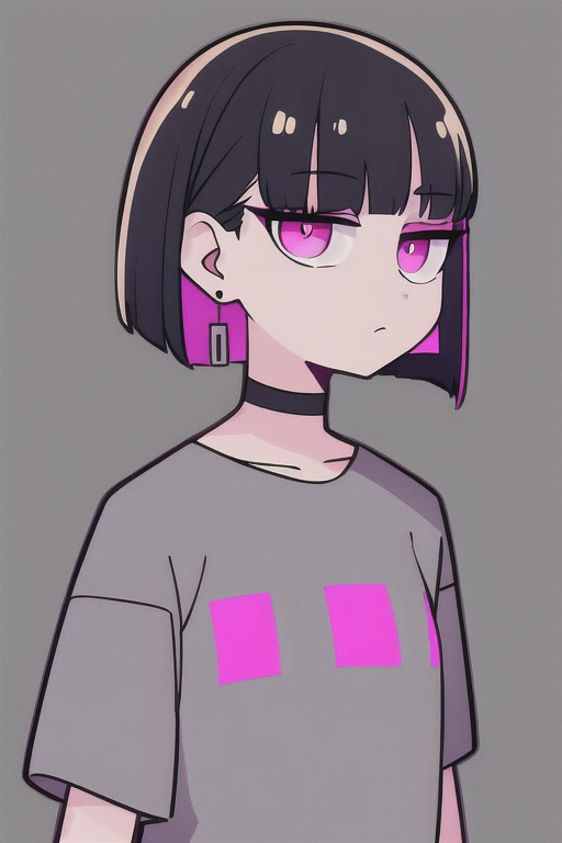 pink eyes, nirachan, earrings, bob cut, grey shirt,
standing, upper body, pattern on shirt,
 (high quality:1.1), (high resolution:1.1), 4k, 1girl, 