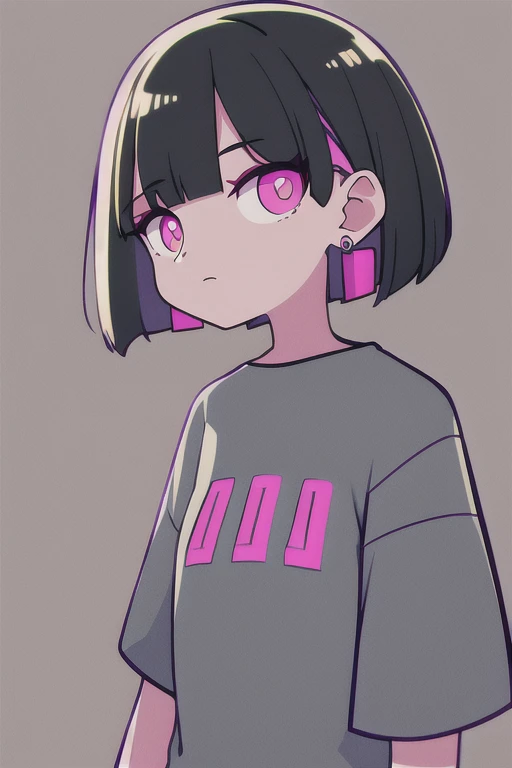 pink eyes, nirachan, earrings, bob cut, grey shirt,
standing, upper body, pattern on shirt,
 (high quality:1.1), (high resolution:1.1), 4k, 1girl, 