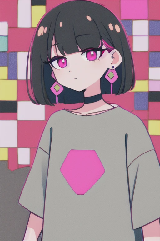 pink eyes, nirachan, earrings, bob cut, grey shirt,
standing, upper body, pattern on shirt,
 (high quality:1.1), (high resolution:1.1), 4k, 1girl, 