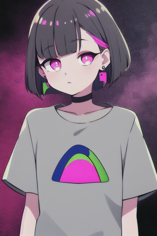 pink eyes, nirachan, earrings, bob cut, grey shirt,
standing, upper body, pattern on shirt,
 (high quality:1.1), (high resolution:1.1), 4k, 1girl, 