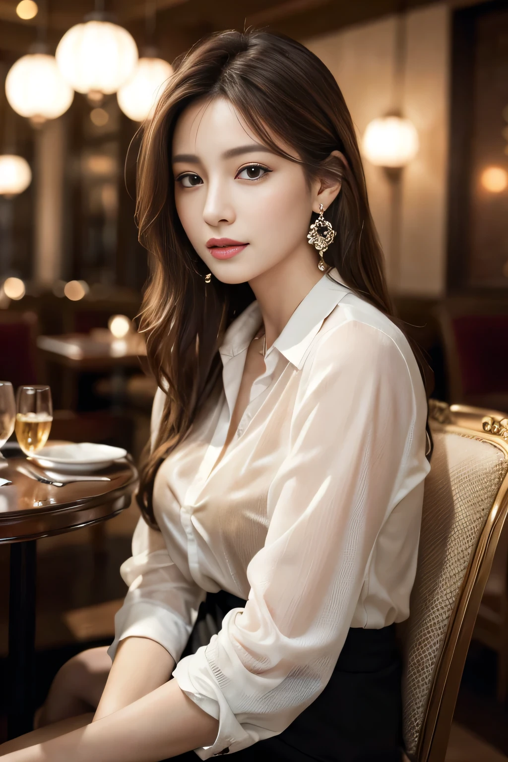 masterpiece, highest quality, Realistic, Very detailed, Finer details, High resolution, 8k wallpaper, One beautiful woman, Wear an elegant see-through shirt, In a great restaurant, At night, Light brown messy hair, Perfect dynamic composition, Beautiful and beautiful eyes、Big earrings、Sitting in a chair、