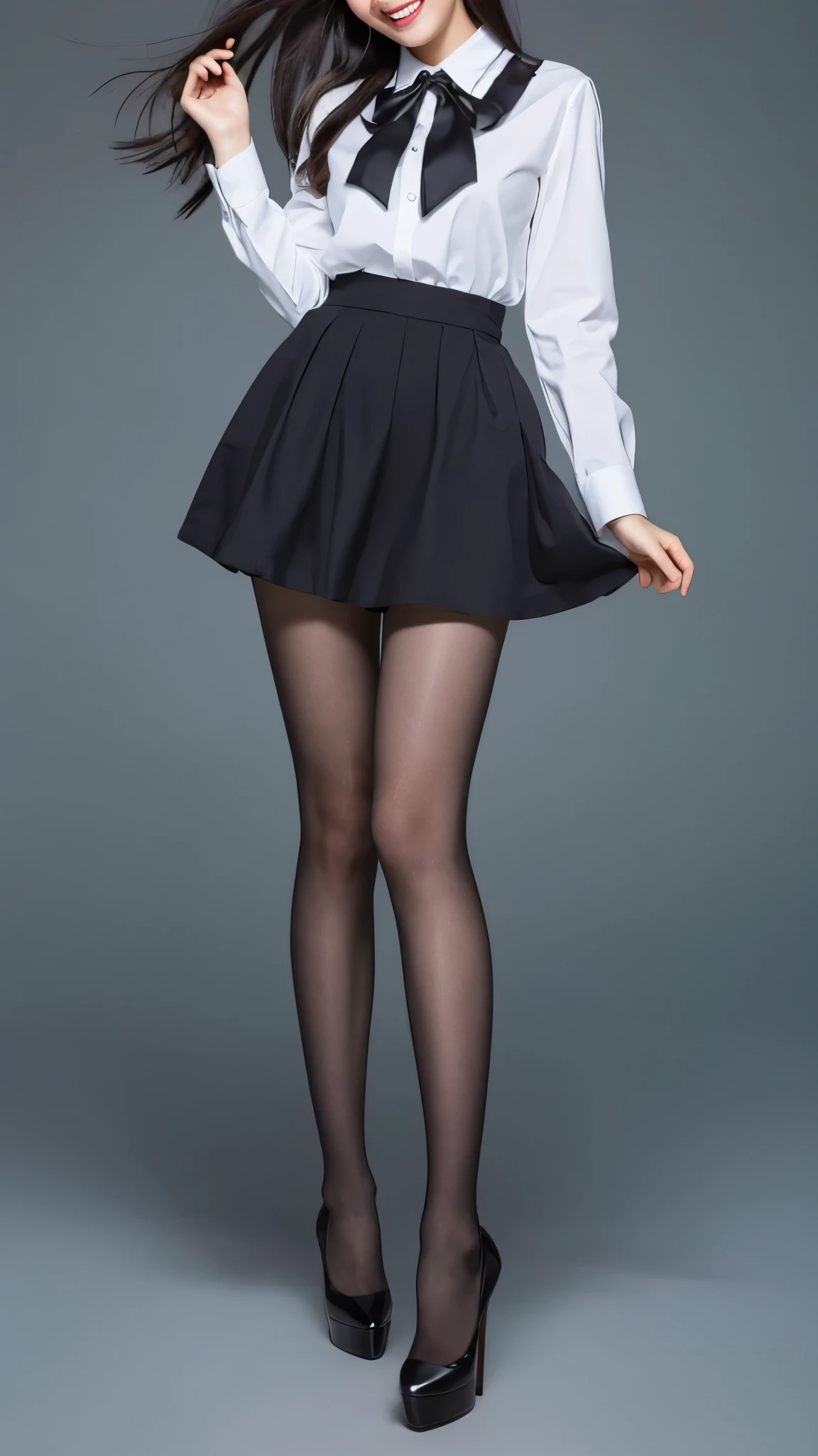 Bunny girl in maid clothes:1.5，Wearing black tights:1.5，The best smile:1.5，Full Body Shot:1.5，Gray background:1.5，Wearing black high heels:1.5，Fluttering mini skirt:1.5