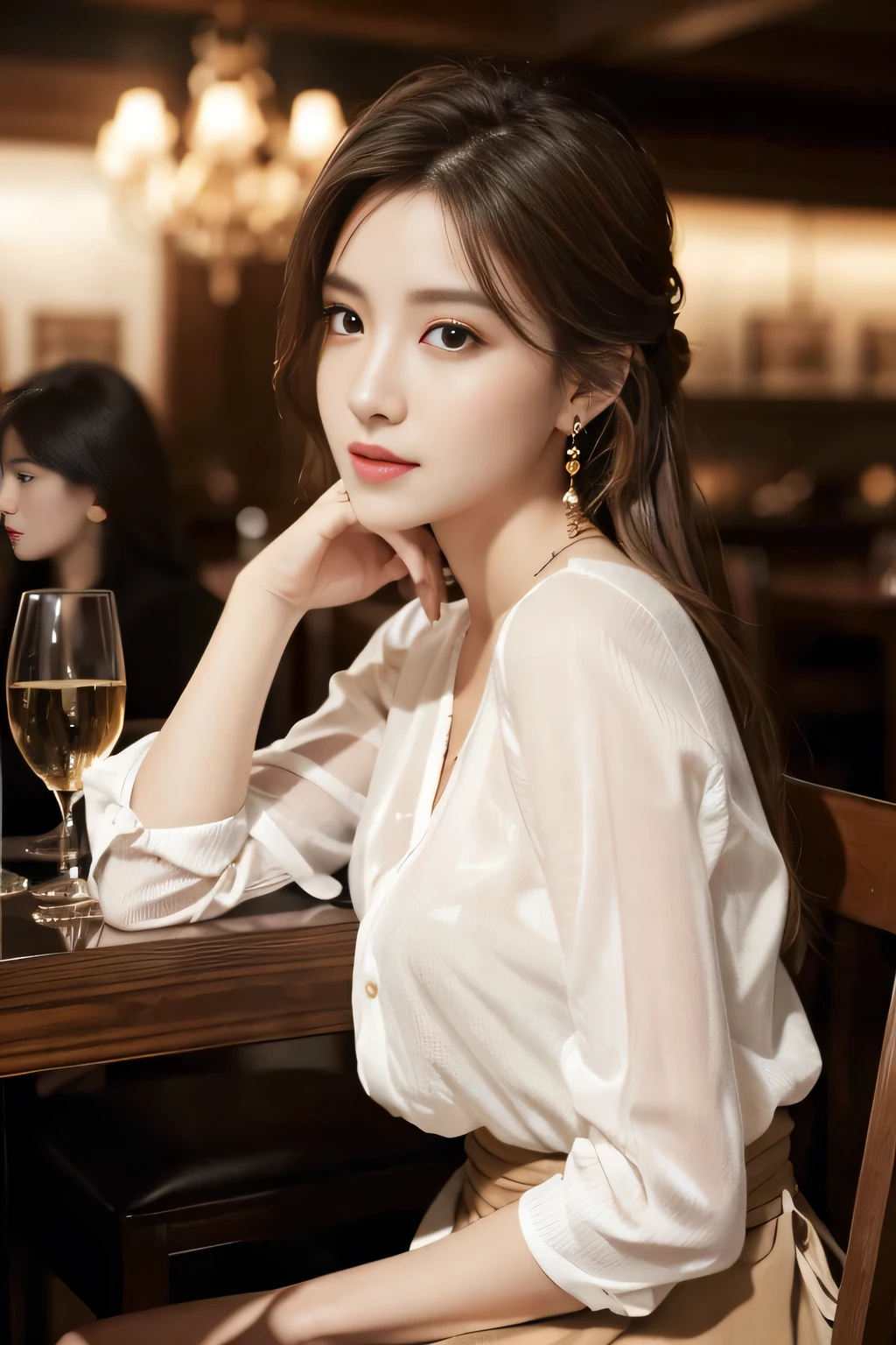 masterpiece, highest quality, Realistic, Very detailed, Finer details, High resolution, 8k wallpaper, One beautiful woman, Wear an elegant see-through shirt, In a great restaurant, At night, Light brown messy hair, Perfect dynamic composition, Beautiful and beautiful eyes、Big earrings、Sitting in a chair、Back view、