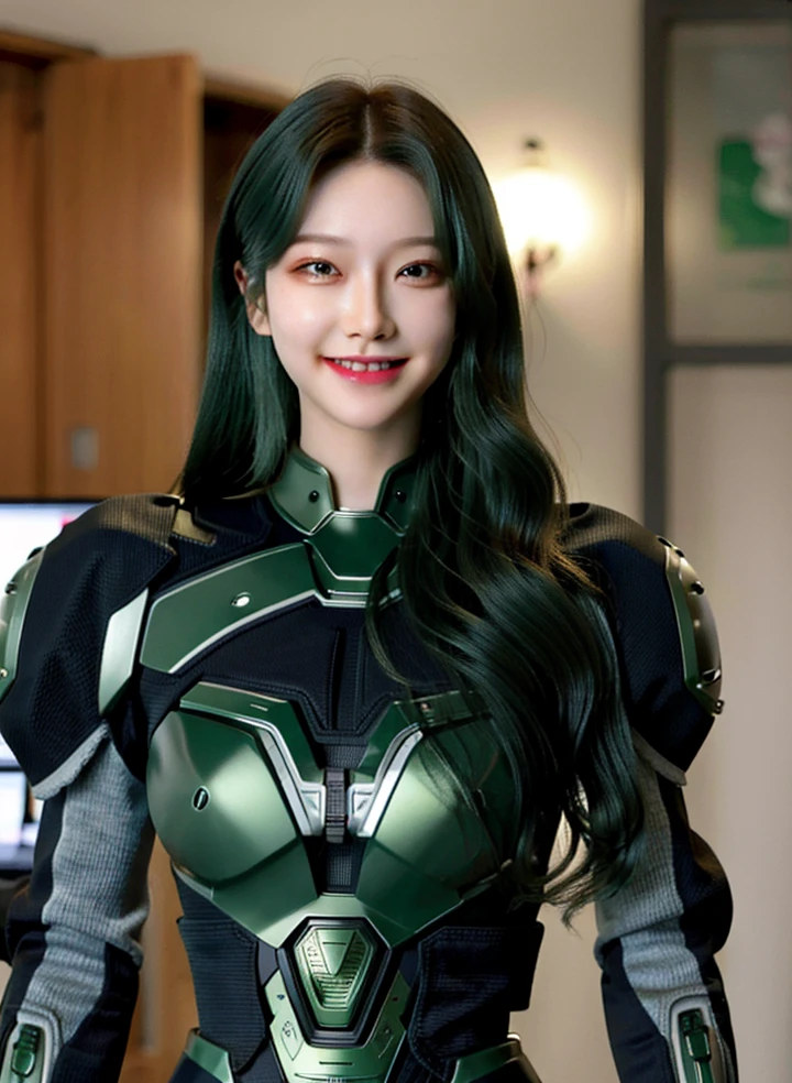 Armoured girl, realistic, long hair, green robotics, smile,