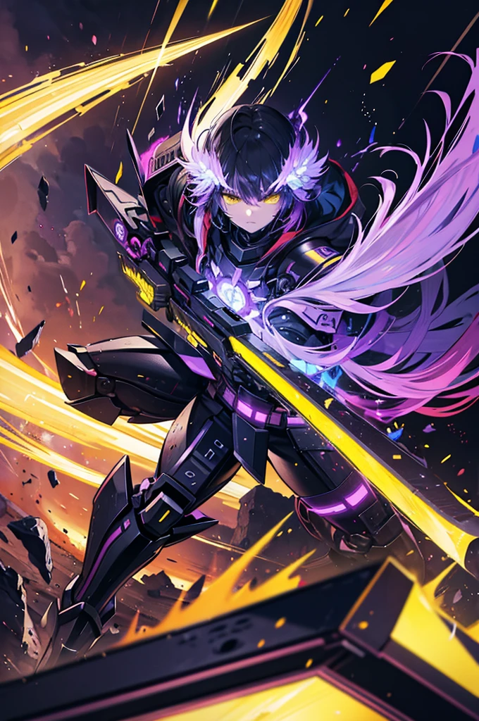 warrior man.cybernetic.black plow with yellow Raí.purple swords