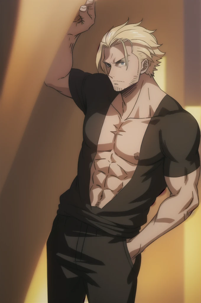 man 1.75 tall, light hair and dark eyes, defined weight of 75 kilos, extroverted, he is 27 years old, over all black very beautiful and clothes  