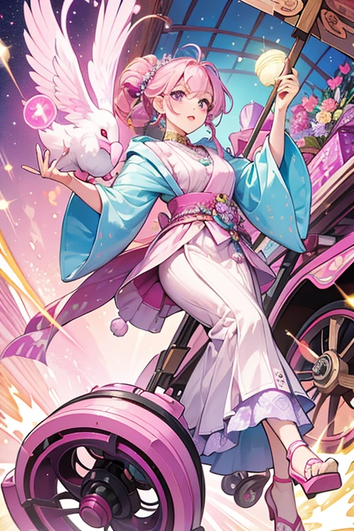 Madam Gurugurutchi resembles a market cart. She has a light pink head with pink spots, a bluish-purple face, white beady eyes, and a pink beak. Her torso looks like a purple box with goods in it. She has four swirly wheels. SPARKLE; GLITTER