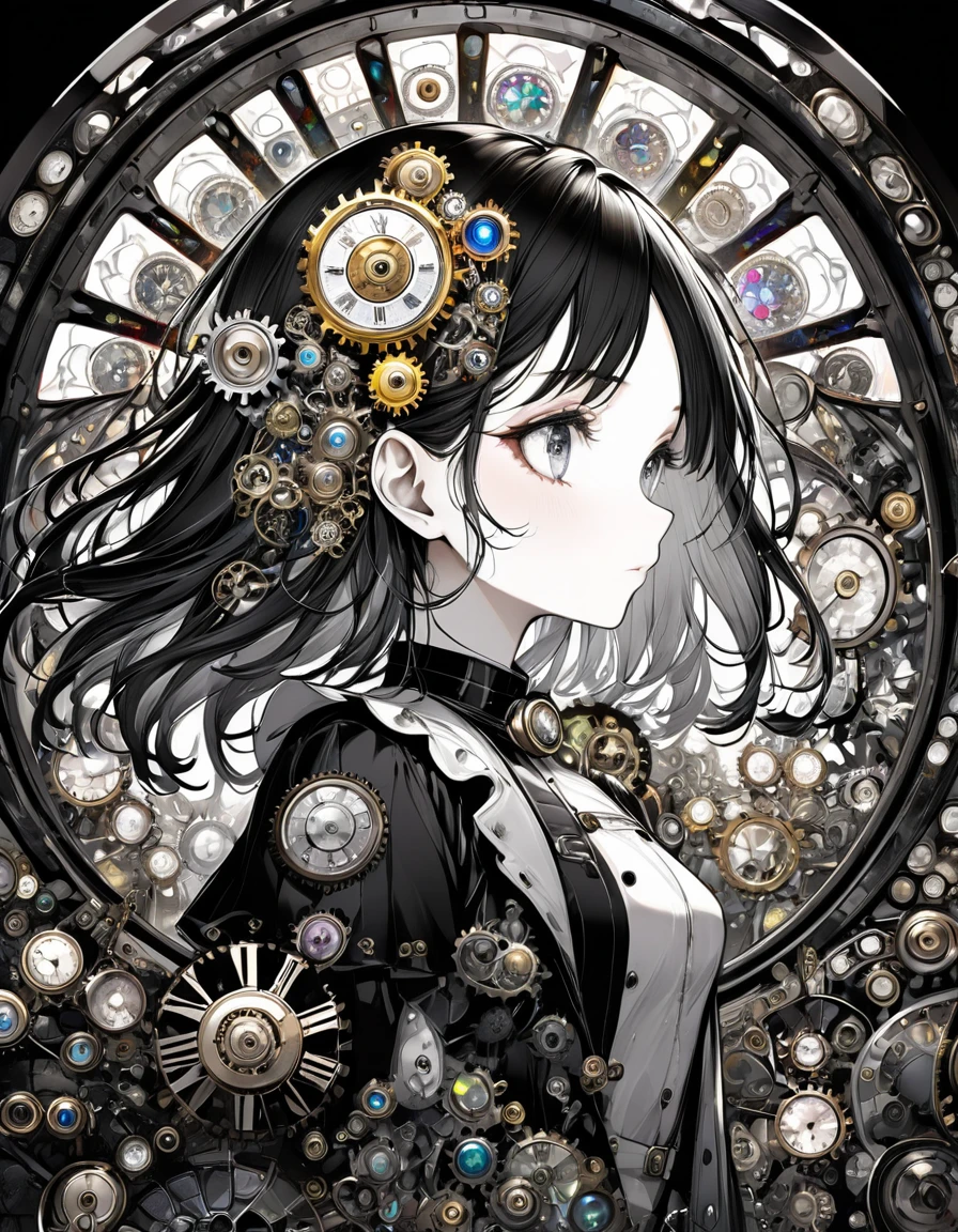 best quality, super fine, 16k, incredibly absurdres, extremely detailed, delicate and dynamic, stained glass kaleidoscope made of jewels of various colors, with mechanical mechanisms, clockwork mechanisms, and gear mechanisms, monochrome girl peering into it, iridescent world artwork 